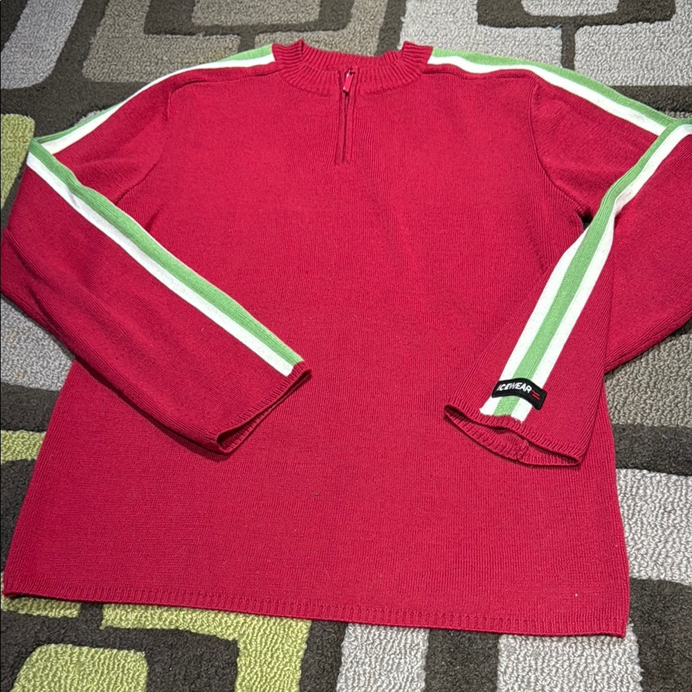 Red Sweater with Green and White Stripes